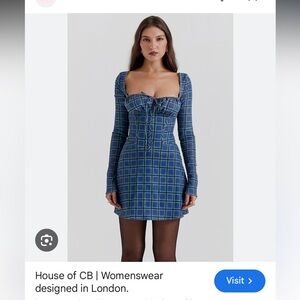 House of CB Blue Plaid Square-Neck Mini Dress with Front Tie